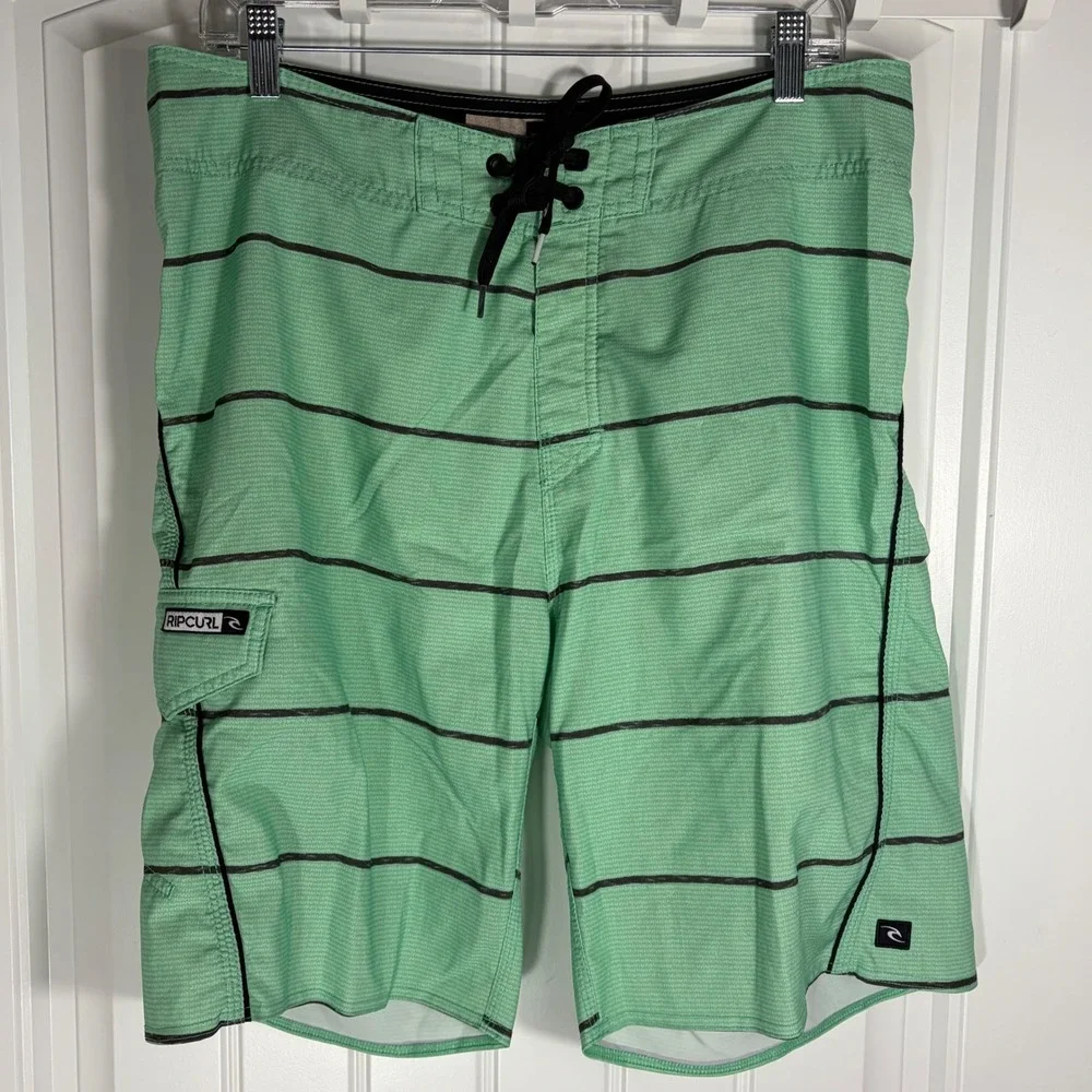 Rip Curl Men's Green Striped Boardshorts Swim Trunks Surf Shorts Size 34